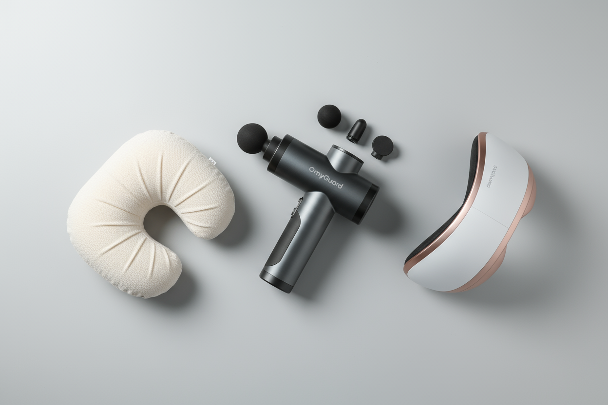 生成一张产品集合俯瞰图，有OmyGuard massager gun , OmyGuard Massager Pillow , OmyGuard Eye Massager ，浅灰背景，高级感